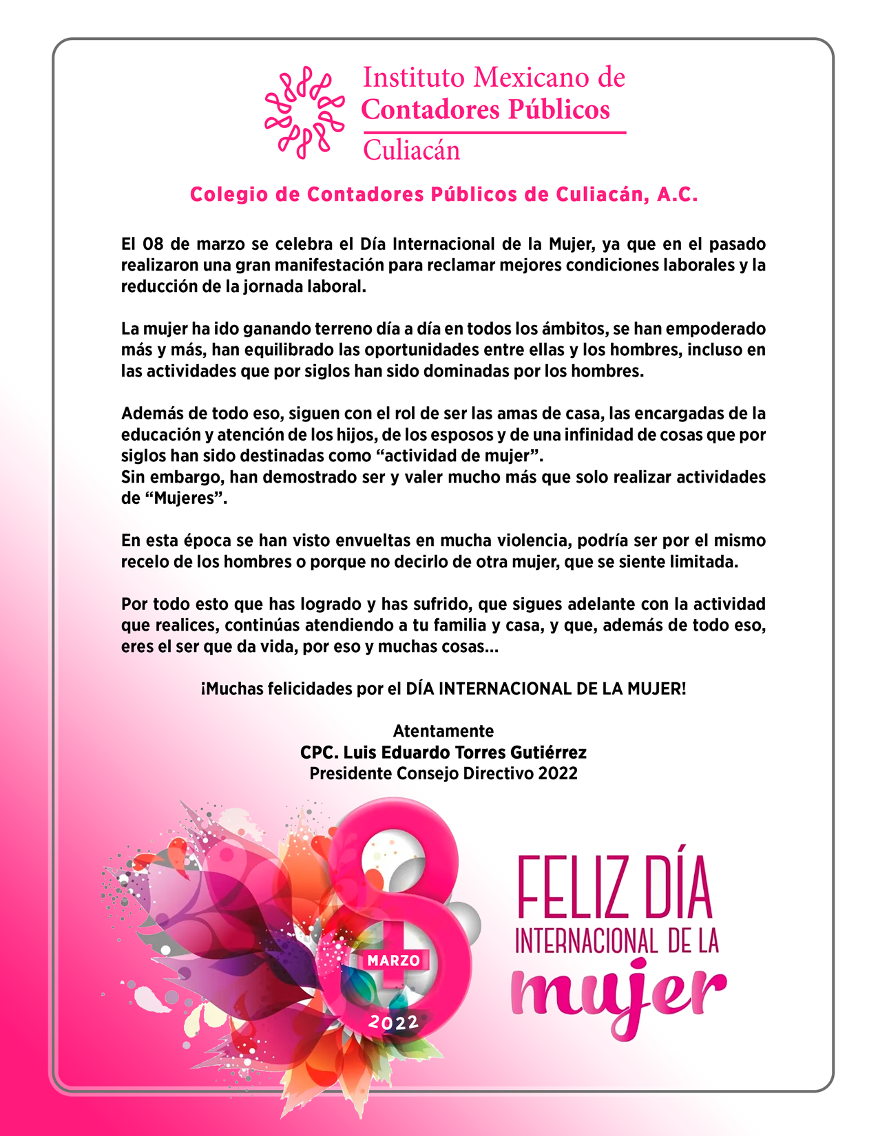 FELICITACIÓN DEL DÍA INTERNACIONAL DE LA MUJER 2022